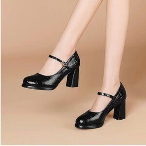 YDN Black Round Toe Pumps Chunky High Heel Mary Janes Cute Fashion Dance Shoes